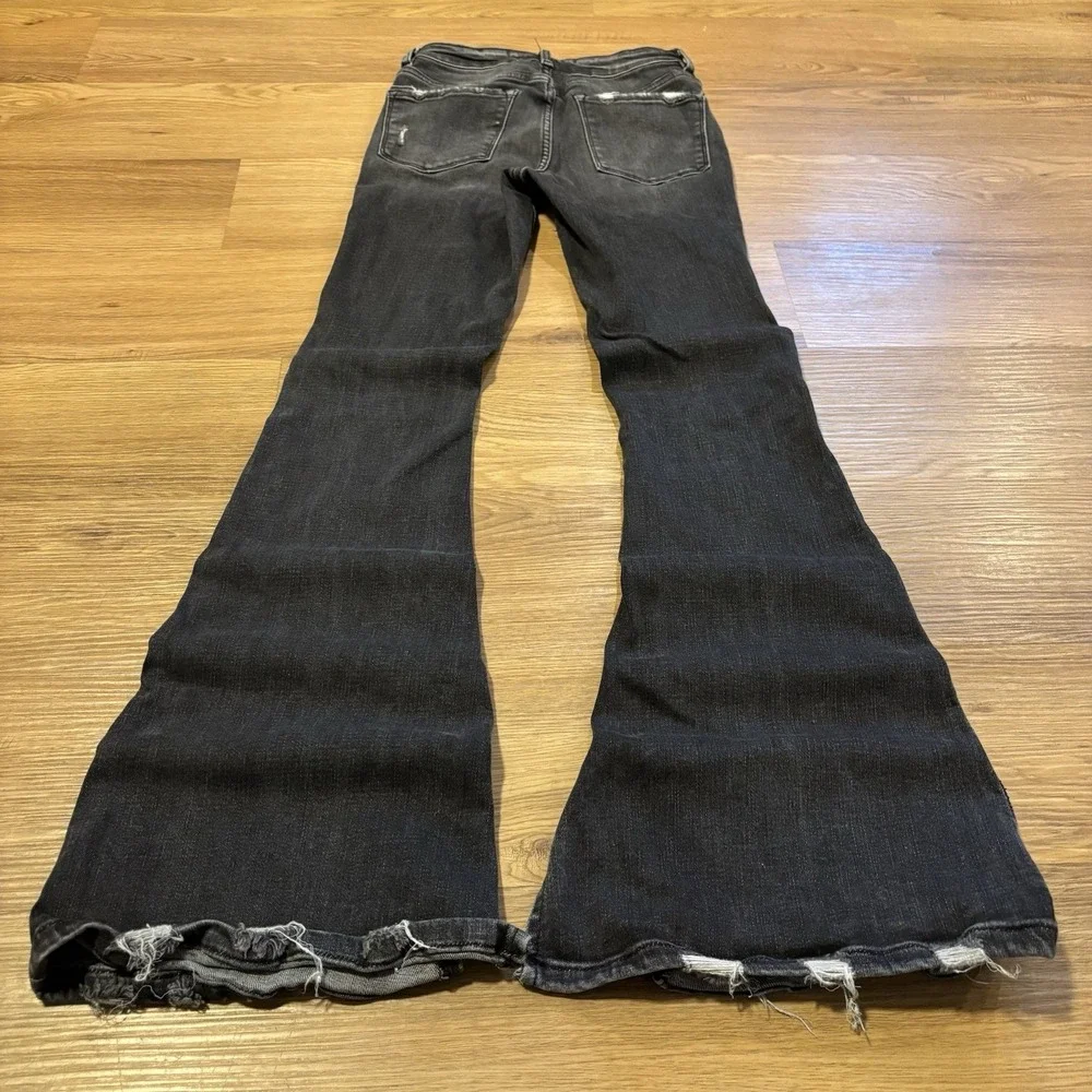 Flying Monkey Jeans Women 24 Black Mid Rise Flare Stretch Distressed Denim 24x31